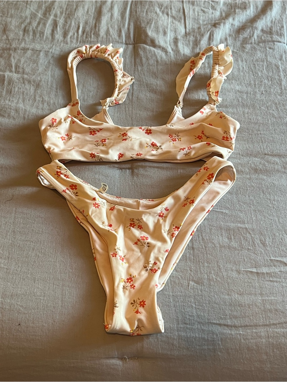 Aerie Cream Floral Bikini Set with Pink-Red Flowers